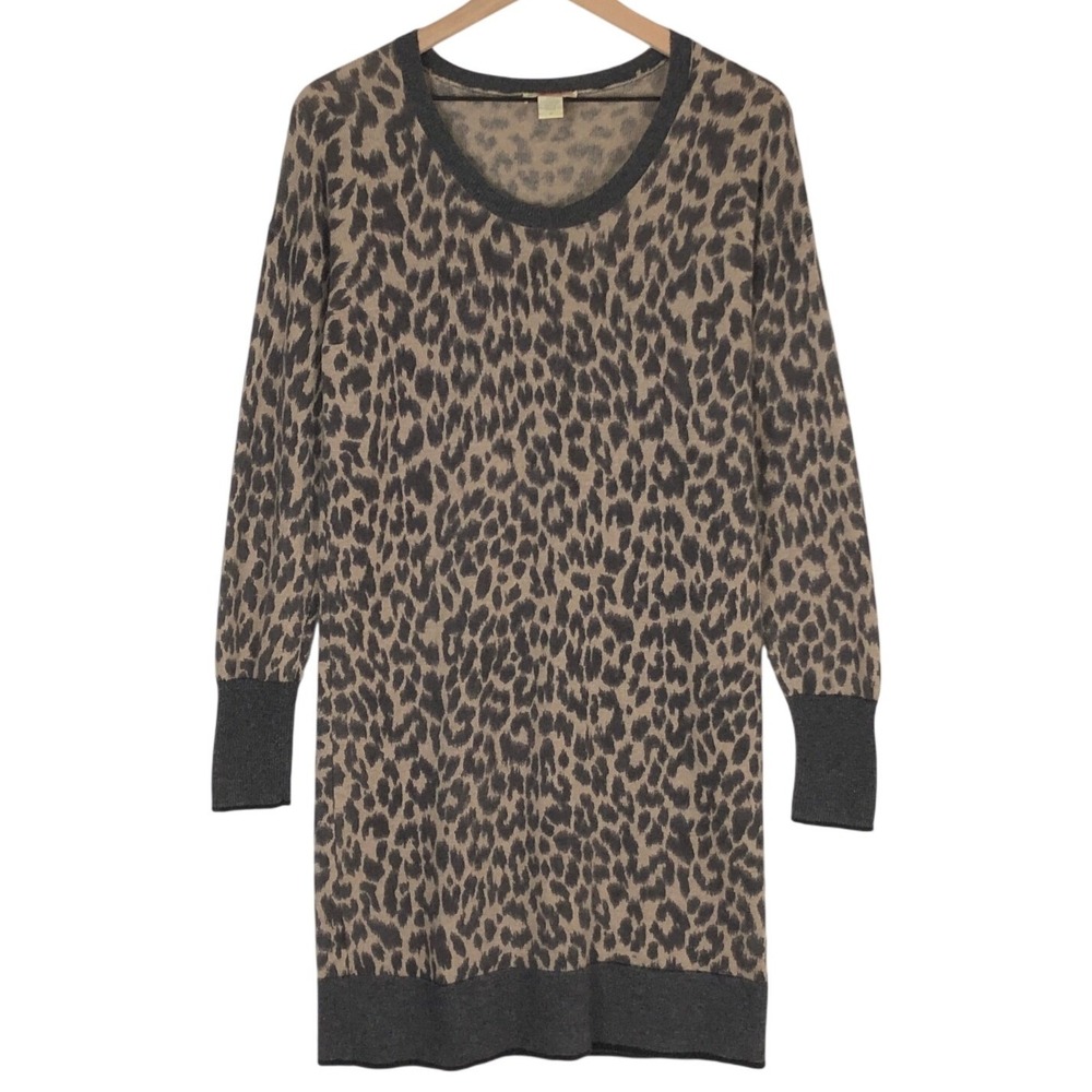 WHITE + WARREN 100% Cashmere Leopard Print Tunic Sweater Dress Sz S Tan Charcoal